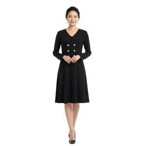 Ming Wang NWT Knit V Neck Quiet Luxury Pearl Button Black Dress Size M